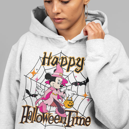 Custom Hoodies "Happy Halloween Collections eaturing a character in a witch costume.
