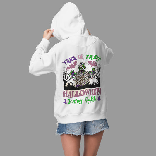 Custom Hoodies "Happy Halloween Collections  a white hoodie with Halloween-themed