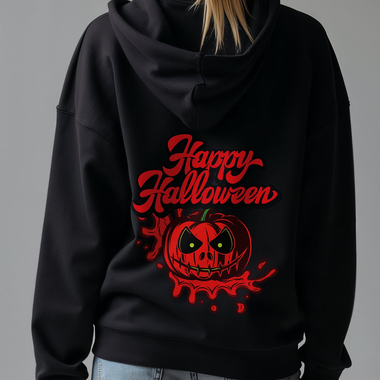 Custom Hoodies "Happy Halloween Collections featuring a pumpkin on a gray background