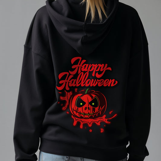 Custom Hoodies "Happy Halloween Collections featuring a pumpkin on a gray background