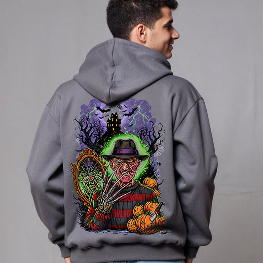 Custom Hoodies "Happy Halloween Collections, a gray hoodie with a colorful graphic design