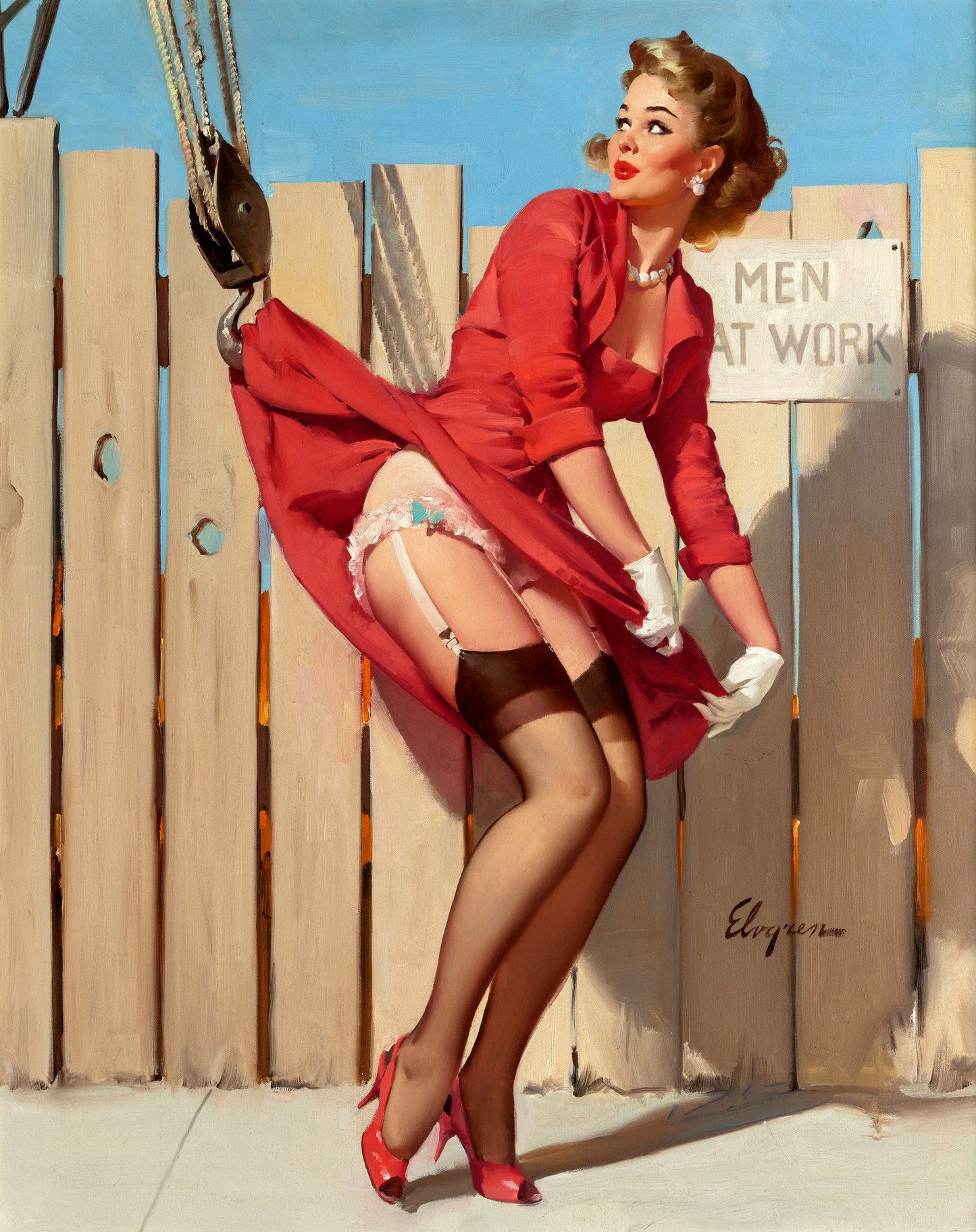 Unexpected Lift by Gil Elvgren, 1961 -Print Art