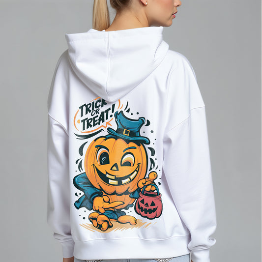 Custom Hoodies "Happy Halloween Collections, featuring a pumpkin and 'Trick or Treat!' text.