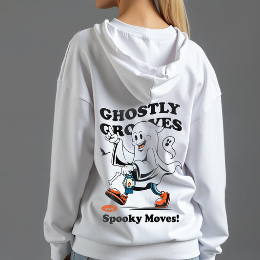 Custom Hoodies "Happy Halloween Collections featuring text 'Ghostly Grooves' and 'Spooky Moves'.