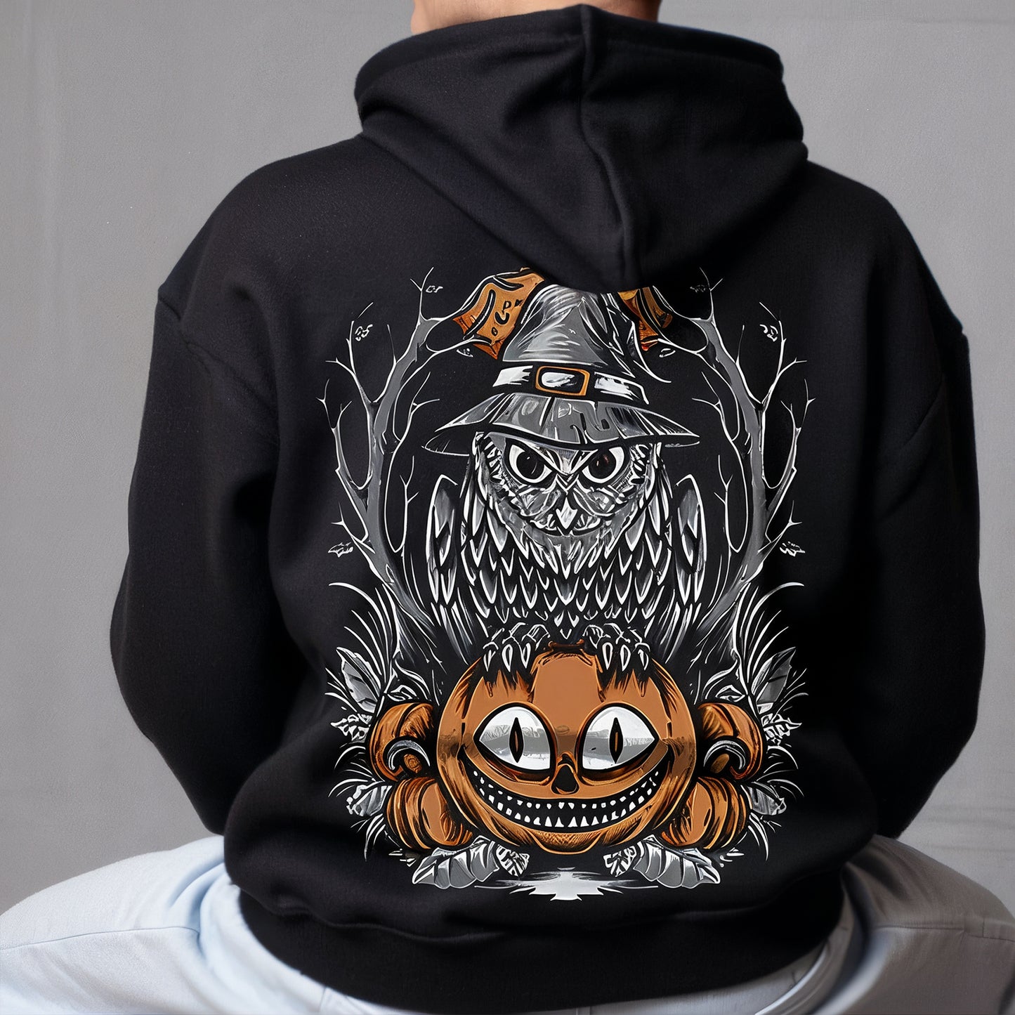 Custom Hoodies "Happy Halloween Collections featuring an owl and pumpkin on the back.