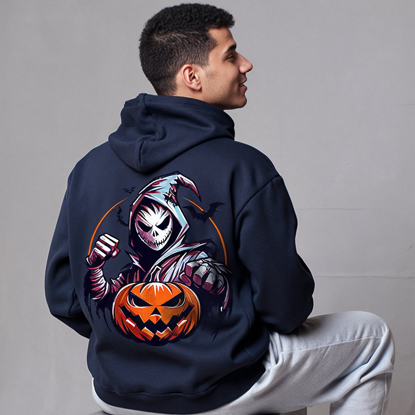 Custom Hoodies "Happy Halloween Collections navy hoodie with a Halloween-themed