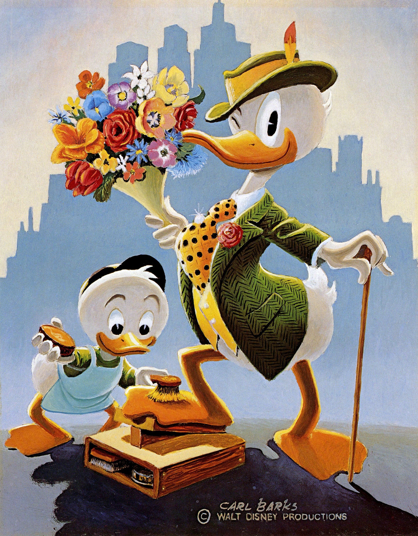 Donald Duck Poster "duck character with flowers and a cityscape background, featuring Walt Disney Productions." by Carl Barks print Art