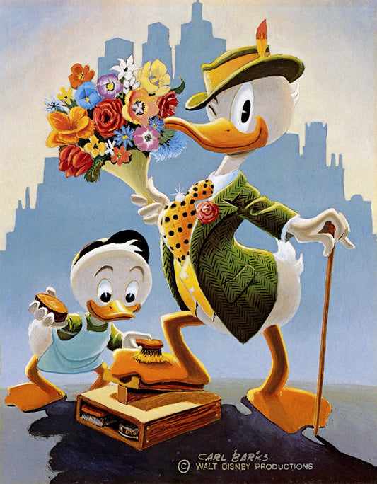 Donald Duck Poster "duck character with flowers and a cityscape background, featuring Walt Disney Productions."  by Carl Barks print Art