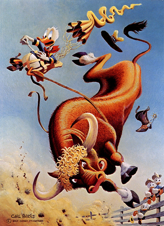 Donald Duck Poster "Cartoon illustration of a bull and various animals in a dynamic scene"  by Carl Barks print Art