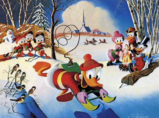 Donald Duck Poster "skiing and enjoying winter activities in a snowy village scene."  by Carl Barks print Art