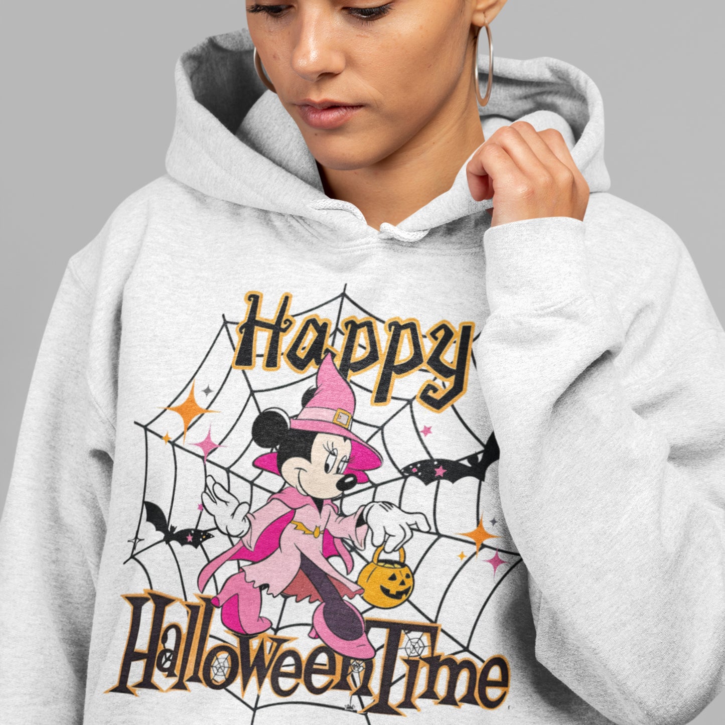 Custom Hoodies "Happy Halloween Collections eaturing a character in a witch costume.