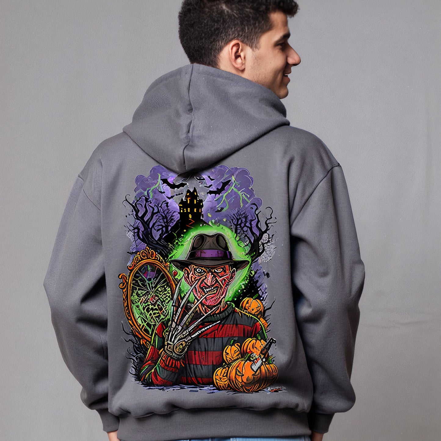 Custom Hoodies "Happy Halloween Collections, a gray hoodie with a colorful graphic design