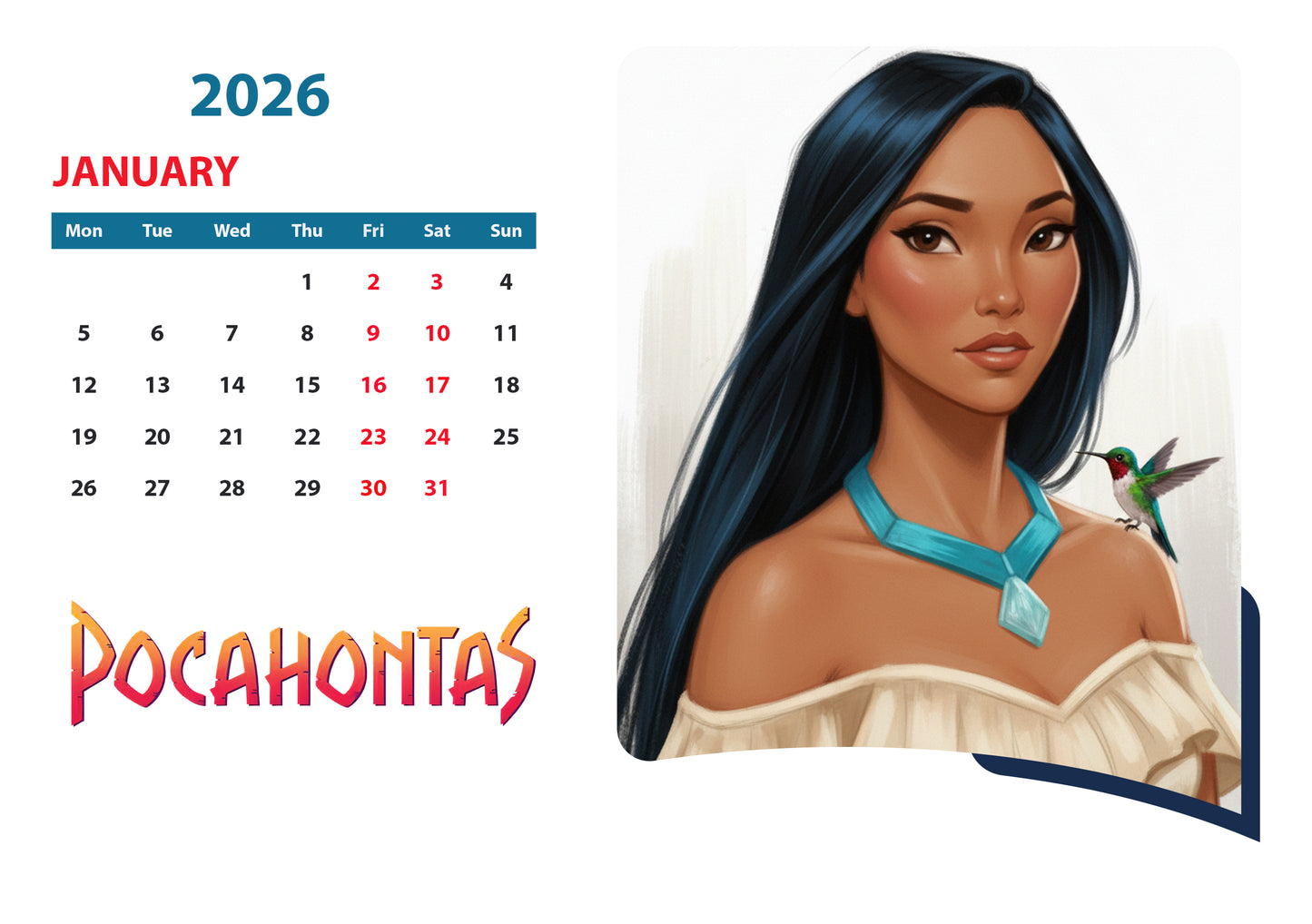 Custom Disney Princess Calendars "Pocahontas"