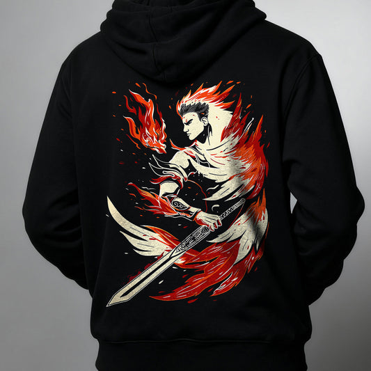 Custom Anime Characters Hoodies -Black hoodie with a fiery warrior design