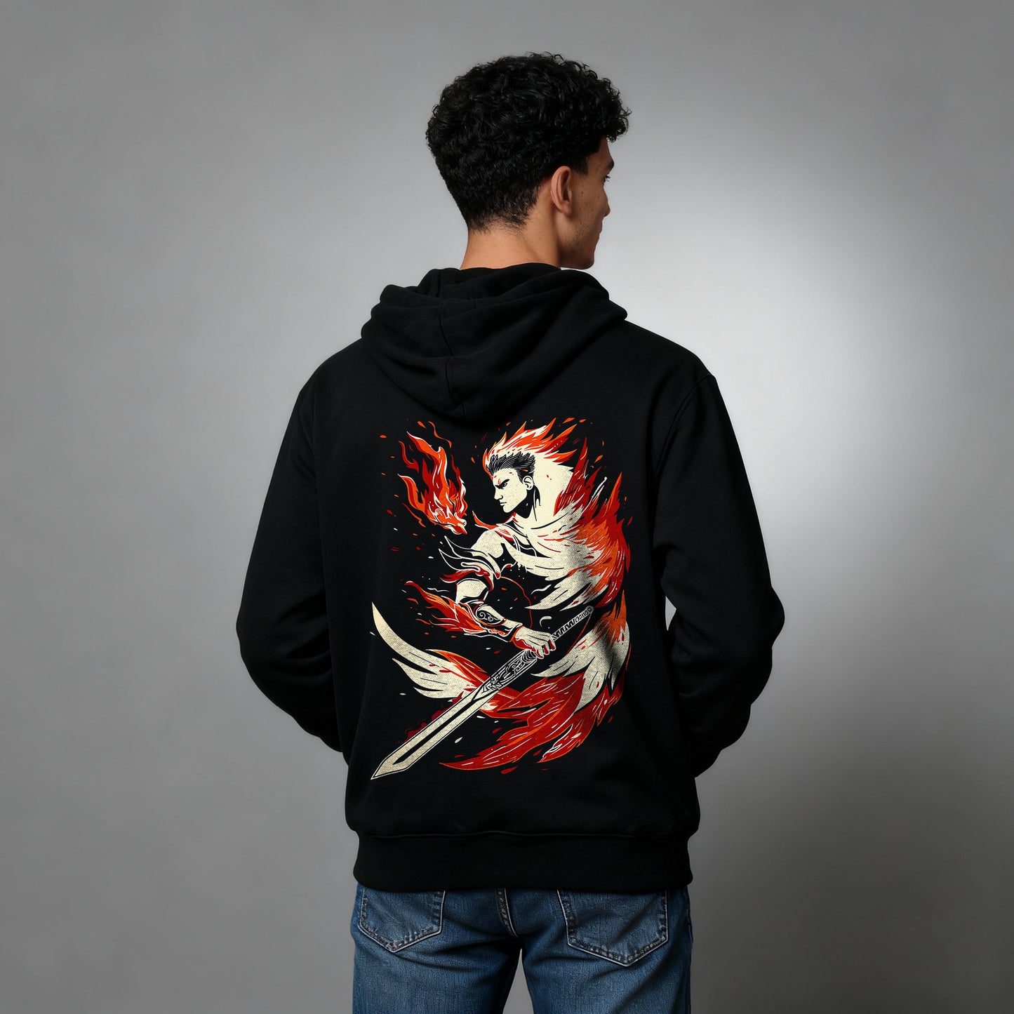 Custom Anime Characters Hoodies -Black hoodie with a fiery warrior design