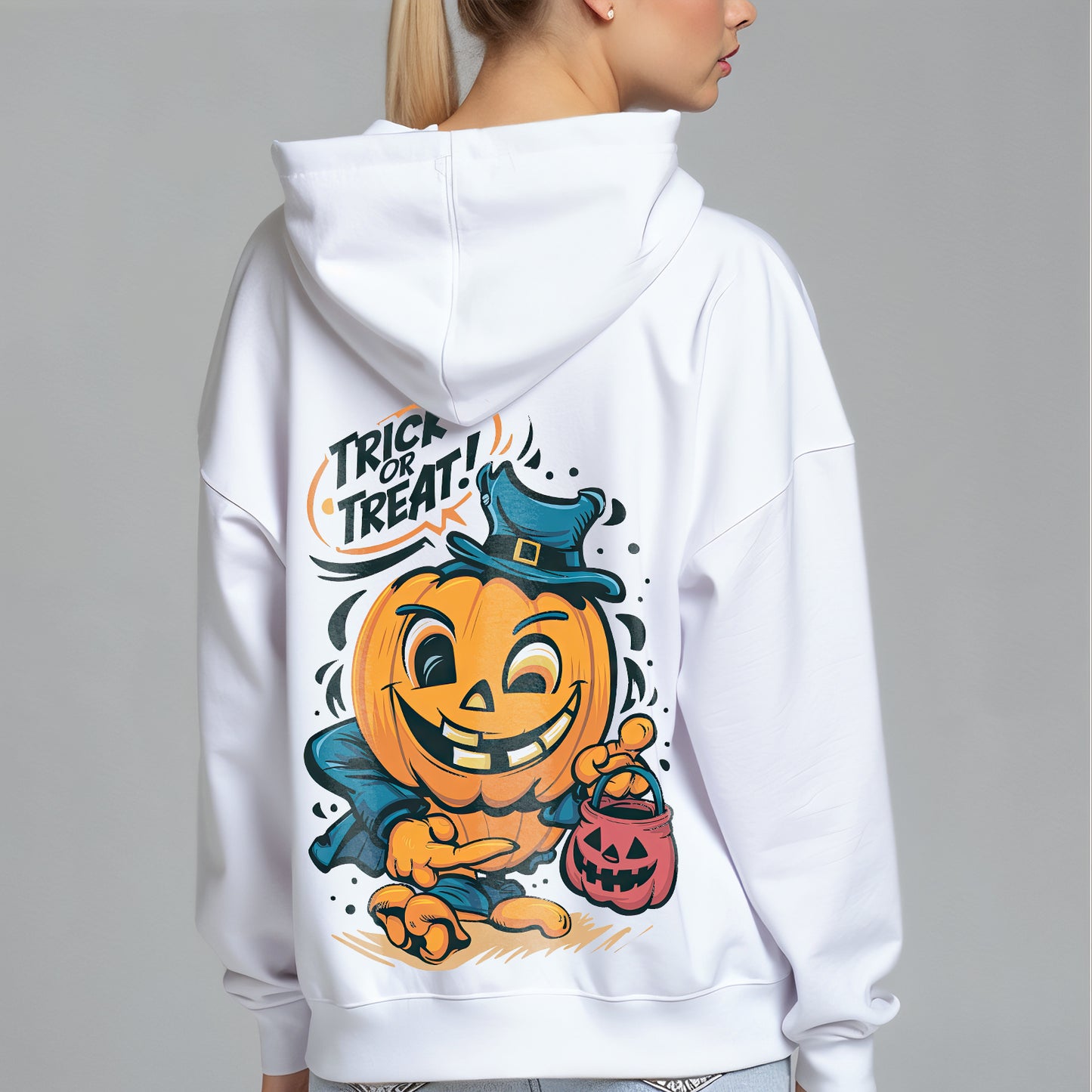 Custom Hoodies "Happy Halloween Collections, featuring a pumpkin and 'Trick or Treat!' text.