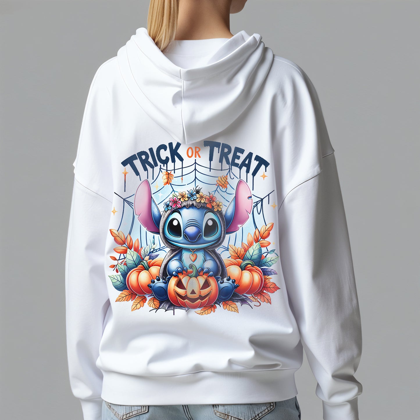 Custom Hoodies "Happy Halloween Collections" featuring a character and 'Trick or Treat' text on the back.