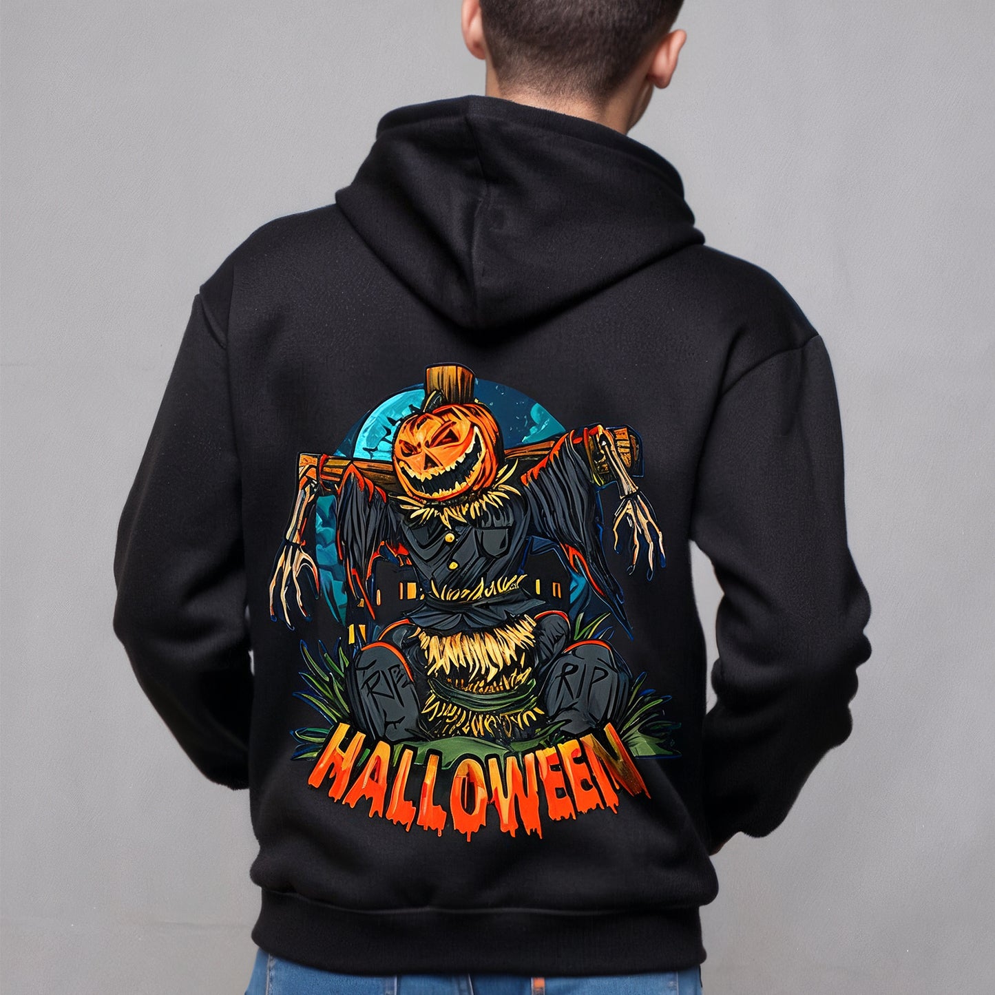 Custom Hoodies "Happy Halloween Collections featuring a scarecrow and pumpkin.