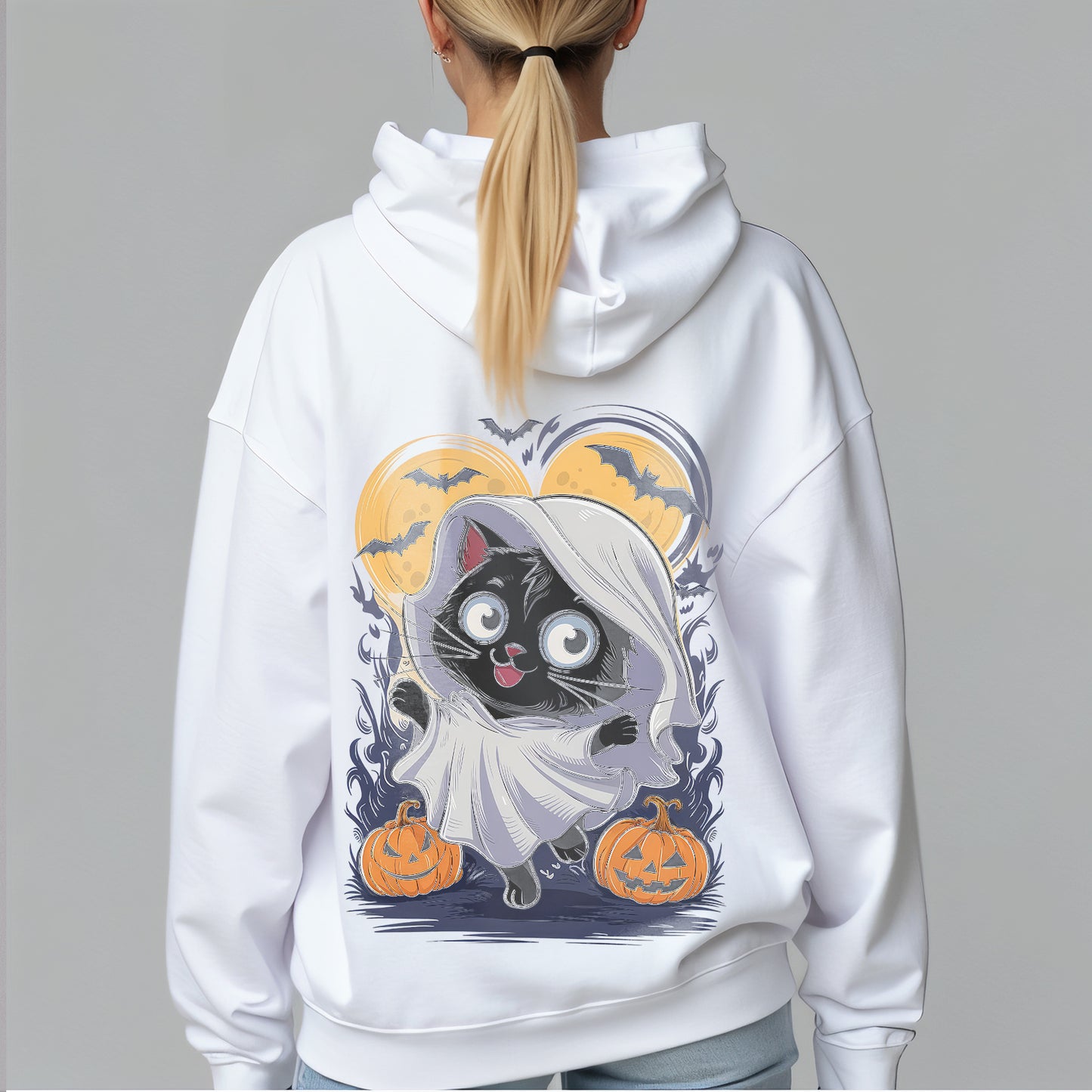 Custom Hoodies "Happy Halloween Collections White hoodie with a cat