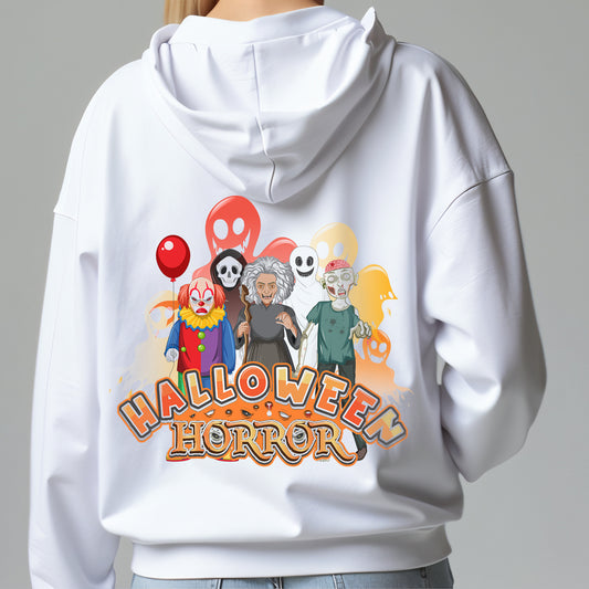 Custom Hoodies "Happy Halloween Collections featuring characters and 'Halloween Horror' text.