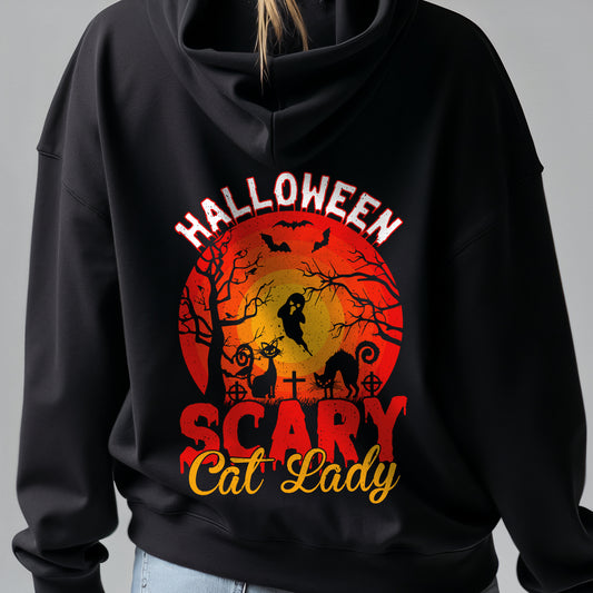 Custom Hoodies "Happy Halloween Collections  featuring cats, bats, and text on a gray background