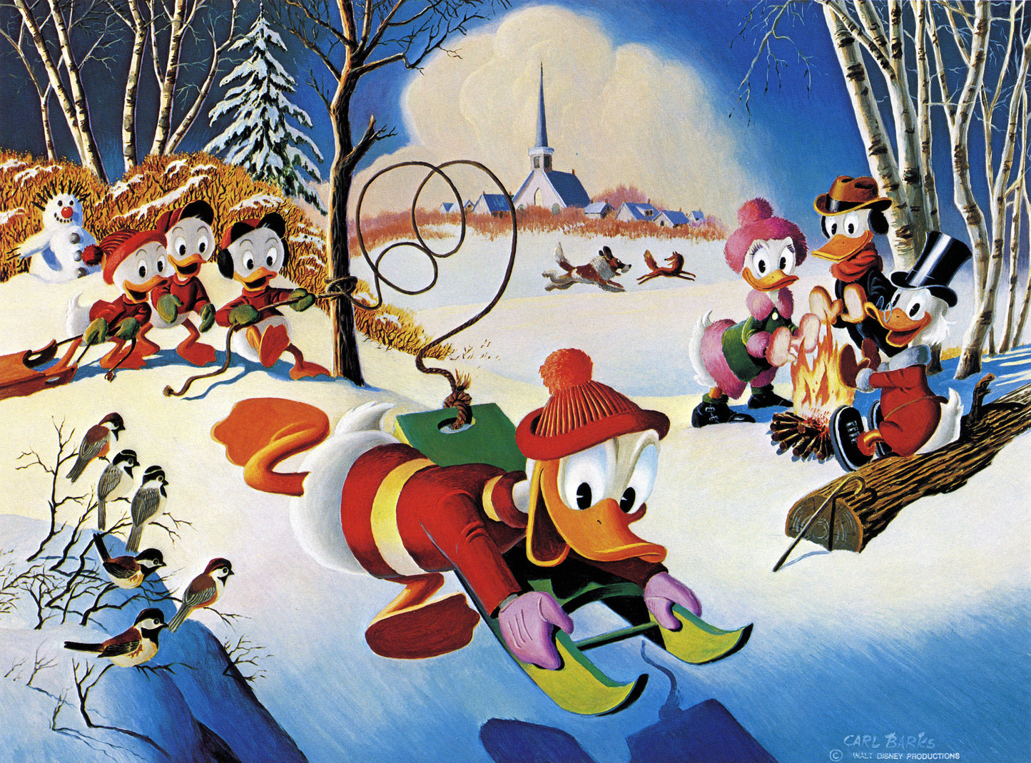 Donald Duck Poster "skiing and enjoying winter activities in a snowy village scene."  by Carl Barks print Art