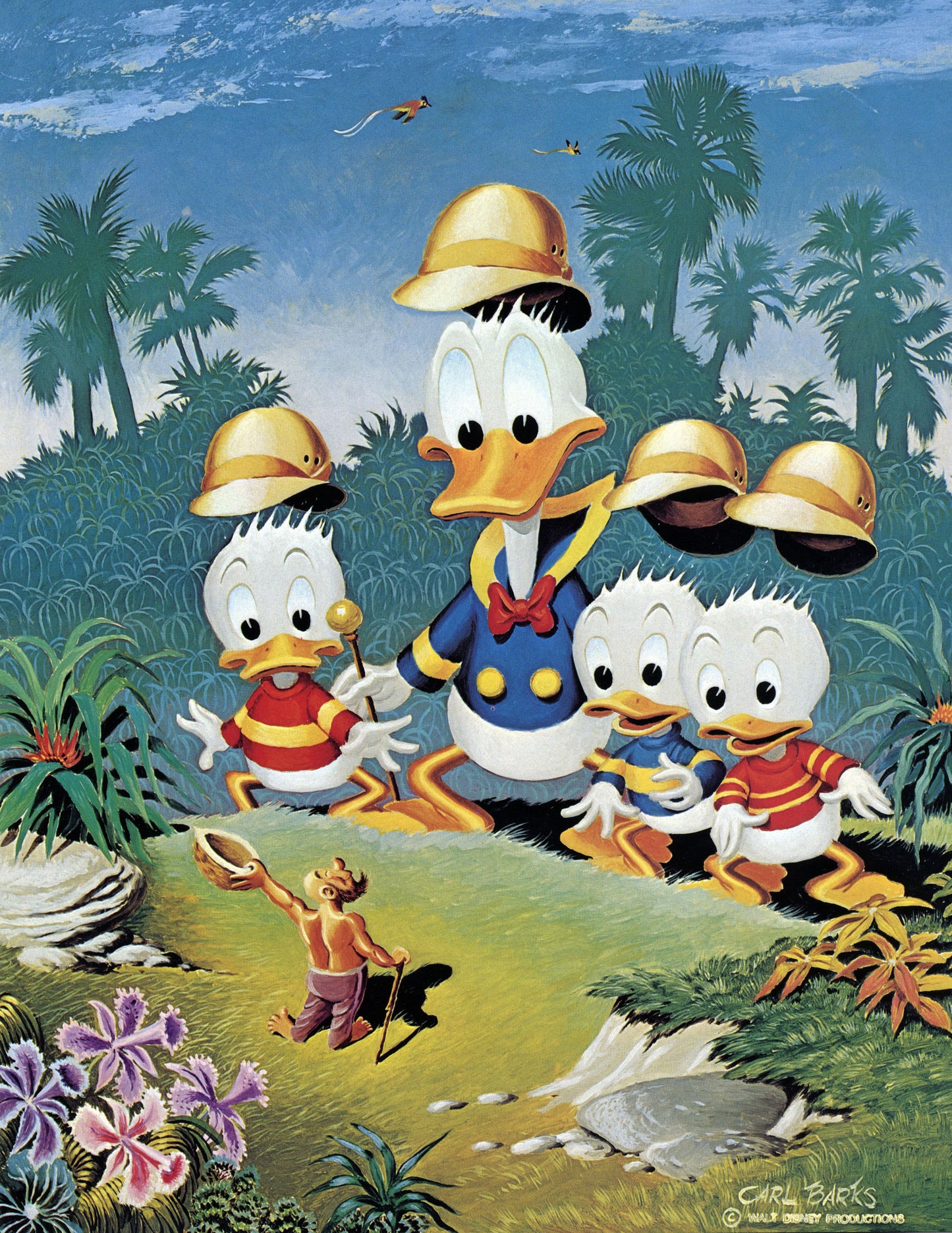 Donald Duck Poster "Cartoon scene with Donald Duck and his nephews in a tropical setting"  by Carl Barks